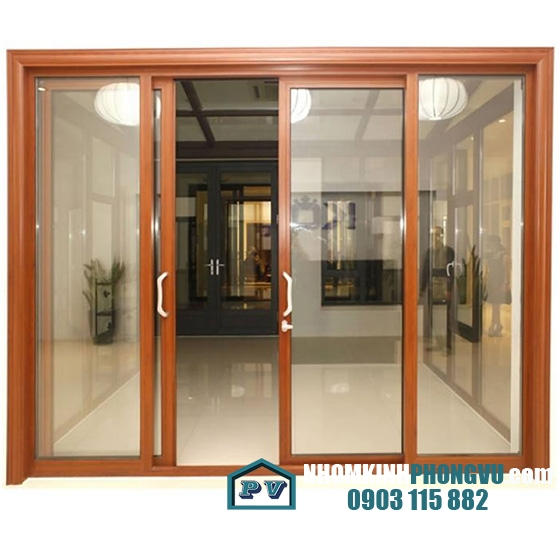 Mẫu cửa lùa nhôm xingfa nhập khẩu màu vân gỗ 2 cánh